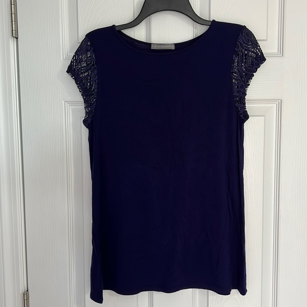 Loveappella-Atherton Lace Sleeve knit top, Navy, Womens Size Small